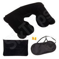 Черен комплект за път от надуваема възглавница, тапи за уши и маска за очи