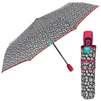 Черно-бял автоматичен дамски чадър на цветя с цикламена дръжка Perletti Time