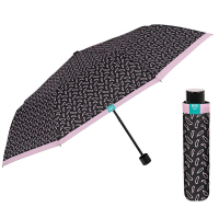 Дамски неавтоматичен черен чадър с лилаво Perletti Time, дизайн на перца