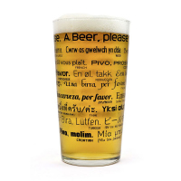 Голяма стъклена чаша за бира с надпис на 26 езика 