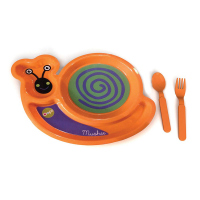 Детски оранжев комплект за хранене от чинийка и прибори за хранене Oops Easy-Meal, охлюв