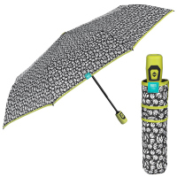 Черно-бял автоматичен дамски чадър на цветя с яркозелена дръжка Perletti Time