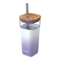 Голяма лилава стъклена чаша със сламка и капак за фрапе и напитки Quokka Liquid Cube 540мл