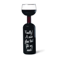 Голяма стъклена чаша-бутилка за вино с надпис 