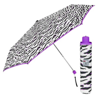 Черно-бял дамски чадър в дизайн зебра с лилава дръжка и кант Perletti Trend