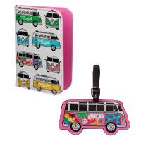 Комплект дамски розов калъф за паспорт и етикет за багаж Volkswagen VW T1 Camper Bus Summer Love Surf